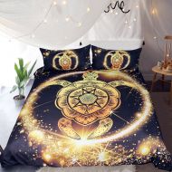 Sleepwish Black Gold Turtle Bedding 3 Pcs Bright Mandala Tortoise Bedding Sea Animal Duvet Cover Golden Cool Bed Sets for Boys (Queen)
