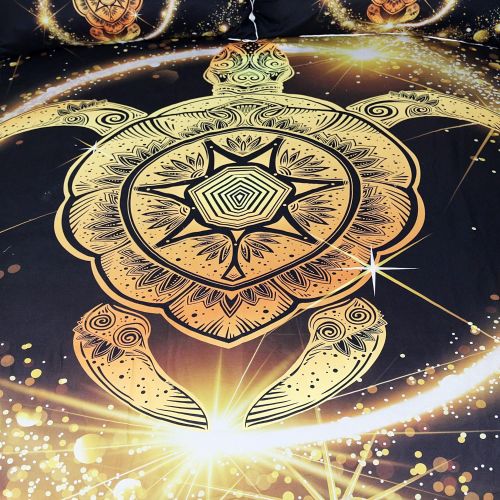  Sleepwish Black Gold Turtle Bedding 3 Pcs Bright Mandala Tortoise Bedding Sea Animal Duvet Cover Golden Cool Bed Sets for Boys (Queen)