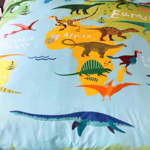  Sleepwish Dinosaur Duvet Cover World Map with Dinosaurs Bedding 3 Pieces Boy Dinosaur Lover Bedroom Set Kids Bed Linen (Queen)