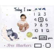 Sleepy Hippo Baby Monthly Milestone Blanket for Boy Girl|Large & Soft Fleece|Markers Included| Baby Gifts for...