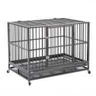 Sliverylake Dog Cage Crate Kennel - Heavy Duty Double Door Pet Cage w/Metal Tray Wheels Exercise Playpen