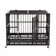 Sliverylake Dog Cage Crate Kennel - Heavy Duty Double Door Pet Cage w/Metal Tray Wheels Exercise Playpen
