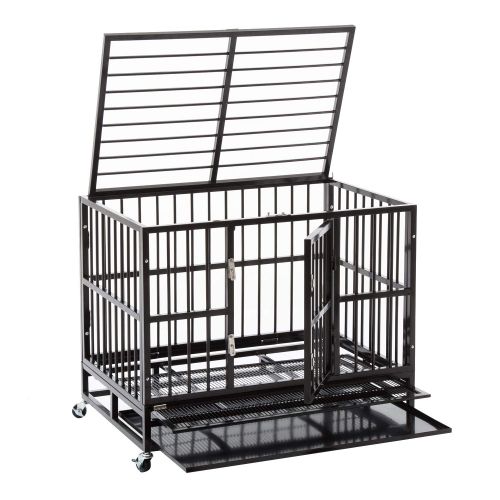  Sliverylake Dog Cage Crate Kennel - Heavy Duty Double Door Pet Cage w/Metal Tray Wheels Exercise Playpen