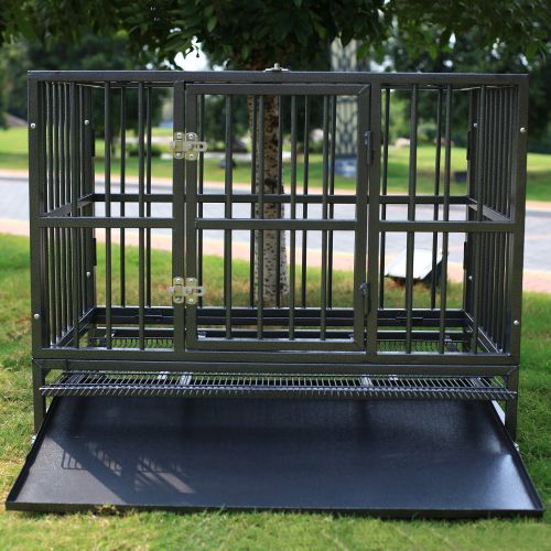  Sliverylake Dog Cage Crate Kennel - Heavy Duty Double Door Pet Cage w/Metal Tray Wheels Exercise Playpen