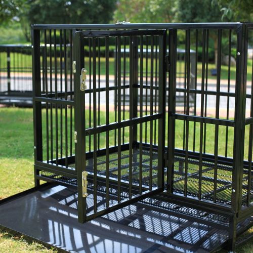  Sliverylake Dog Cage Crate Kennel - Heavy Duty Double Door Pet Cage w/Metal Tray Wheels Exercise Playpen