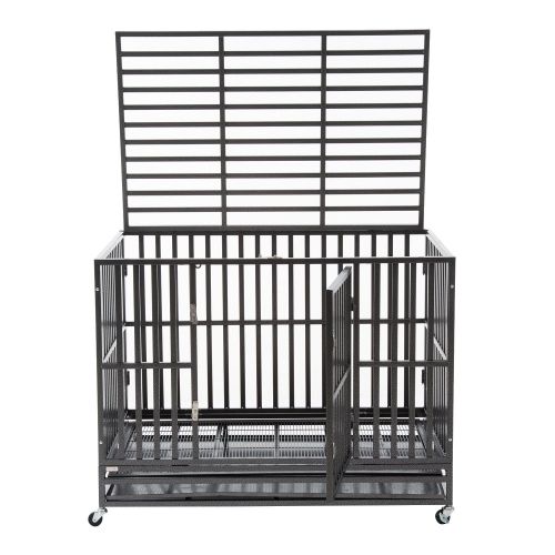  Sliverylake Dog Cage Crate Kennel - Heavy Duty Double Door Pet Cage w/Metal Tray Wheels Exercise Playpen