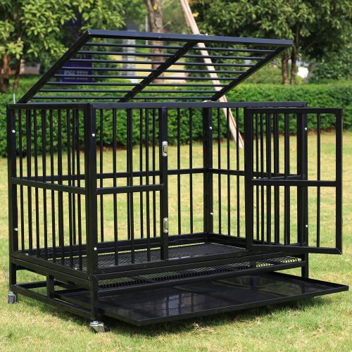  Sliverylake Dog Cage Crate Kennel - Heavy Duty Double Door Pet Cage w/Metal Tray Wheels Exercise Playpen