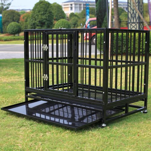  Sliverylake Dog Cage Crate Kennel - Heavy Duty Double Door Pet Cage w/Metal Tray Wheels Exercise Playpen