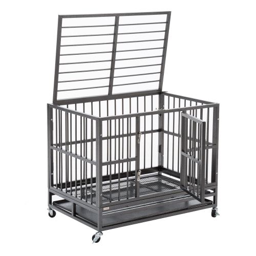  Sliverylake Dog Cage Crate Kennel - Heavy Duty Double Door Pet Cage w/Metal Tray Wheels Exercise Playpen