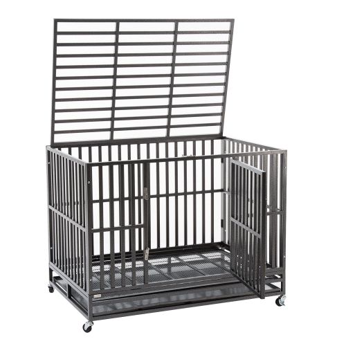  Sliverylake Dog Cage Crate Kennel - Heavy Duty Double Door Pet Cage w/Metal Tray Wheels Exercise Playpen