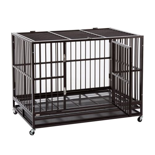  Sliverylake Dog Cage Crate Kennel - Heavy Duty Double Door Pet Cage w/Metal Tray Wheels Exercise Playpen