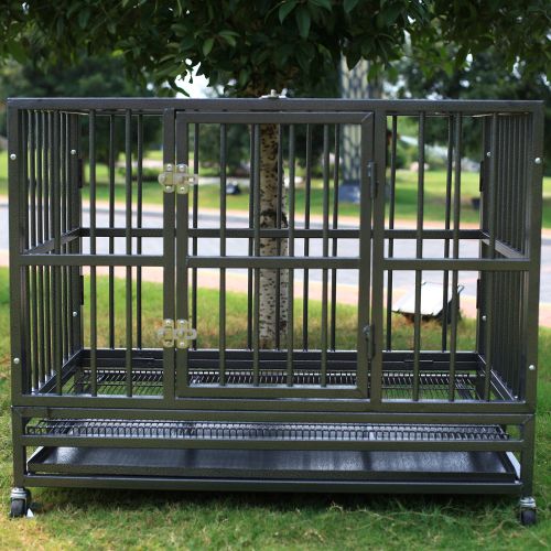  Sliverylake Dog Cage Crate Kennel - Heavy Duty Double Door Pet Cage w/Metal Tray Wheels Exercise Playpen