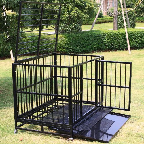  Sliverylake Dog Cage Crate Kennel - Heavy Duty Double Door Pet Cage w/Metal Tray Wheels Exercise Playpen