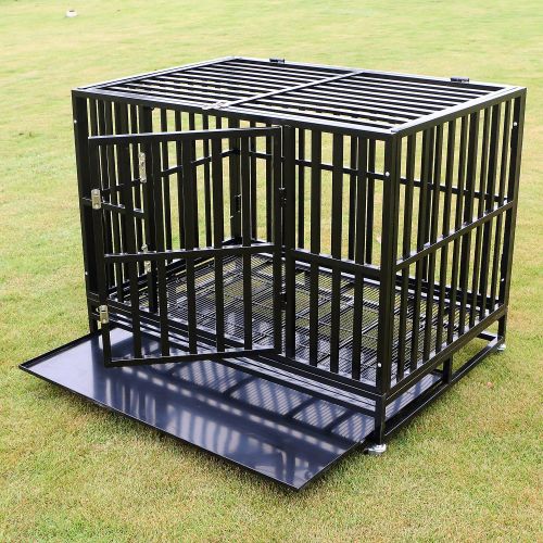  Sliverylake Dog Cage Crate Kennel - Heavy Duty Double Door Pet Cage w/Metal Tray Wheels Exercise Playpen