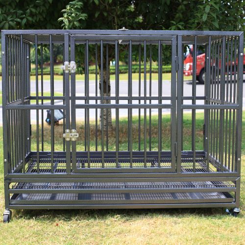  Sliverylake Dog Cage Crate Kennel - Heavy Duty Double Door Pet Cage w/Metal Tray Wheels Exercise Playpen