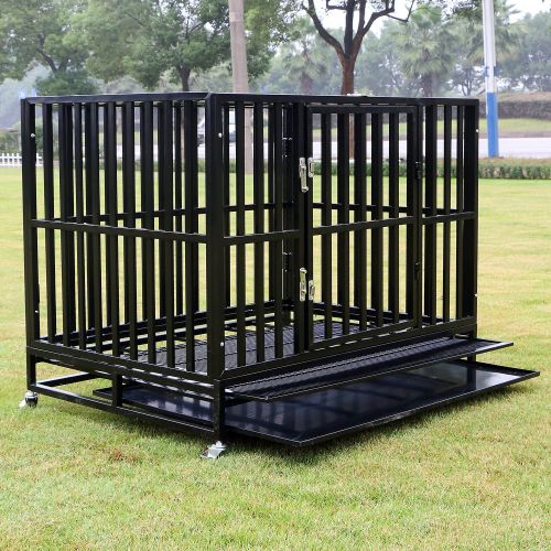  Sliverylake Dog Cage Crate Kennel - Heavy Duty Double Door Pet Cage w/Metal Tray Wheels Exercise Playpen