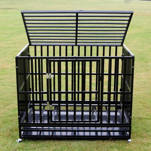  Sliverylake Dog Cage Crate Kennel - Heavy Duty Double Door Pet Cage w/Metal Tray Wheels Exercise Playpen