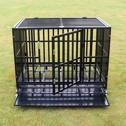  Sliverylake Dog Cage Crate Kennel - Heavy Duty Double Door Pet Cage w/Metal Tray Wheels Exercise Playpen