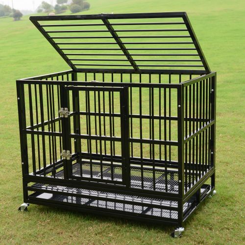  Sliverylake Dog Cage Crate Kennel - Heavy Duty Double Door Pet Cage w/Metal Tray Wheels Exercise Playpen