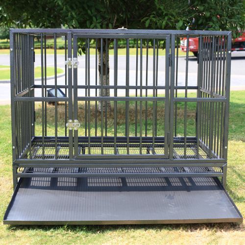  Sliverylake Dog Cage Crate Kennel - Heavy Duty Double Door Pet Cage w/Metal Tray Wheels Exercise Playpen