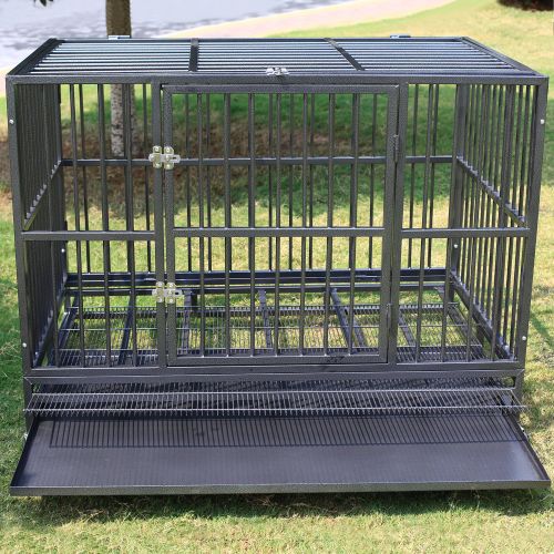  Sliverylake Dog Cage Crate Kennel - Heavy Duty Double Door Pet Cage w/Metal Tray Wheels Exercise Playpen