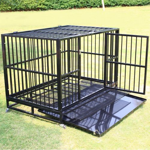  Sliverylake Dog Cage Crate Kennel - Heavy Duty Double Door Pet Cage w/Metal Tray Wheels Exercise Playpen