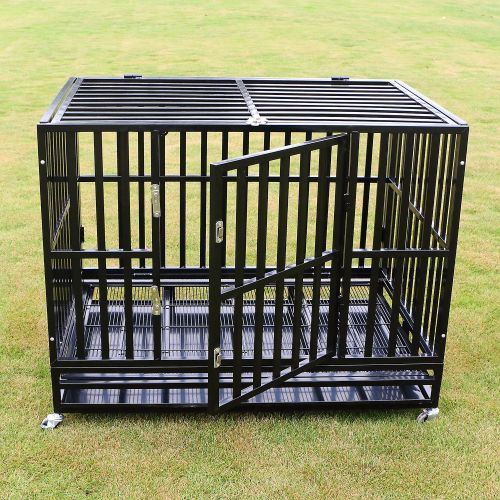  Sliverylake Dog Cage Crate Kennel - Heavy Duty Double Door Pet Cage w/Metal Tray Wheels Exercise Playpen