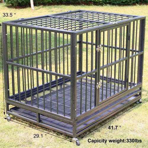  Sliverylake Dog Cage Crate Kennel - Heavy Duty Double Door Pet Cage w/Metal Tray Wheels Exercise Playpen