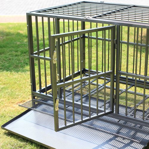  Sliverylake Dog Cage Crate Kennel - Heavy Duty Double Door Pet Cage w/Metal Tray Wheels Exercise Playpen