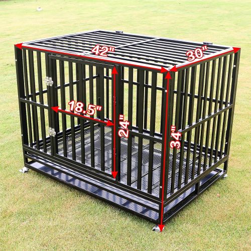  Sliverylake Dog Cage Crate Kennel - Heavy Duty Double Door Pet Cage w/Metal Tray Wheels Exercise Playpen