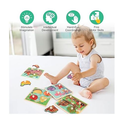  Wooden Peg Puzzles for Toddlers 1-3, Kids' Educational Preschool Peg Puzzle Toy, Set of 4 Toddler Puzzles - Farm, Dinosaur, Fruit and Marine Animals, Ideal Gift for Ages 1 2 3 Boys and Girls