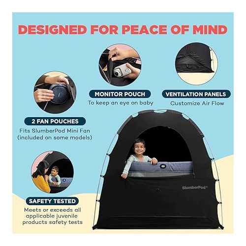  SlumberPod with Fan The Original Blackout Sleep Tent Travel Essential for Baby and Toddlers, Mini Crib and Pack n Play Cover, Sleep Pod with Monitor Pouch and Fan Pouch, Blocks 95%+ Light, Black