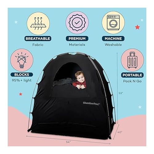  SlumberPod with Fan The Original Blackout Sleep Tent Travel Essential for Baby and Toddlers, Mini Crib and Pack n Play Cover, Sleep Pod with Monitor Pouch and Fan Pouch, Blocks 95%+ Light, Black