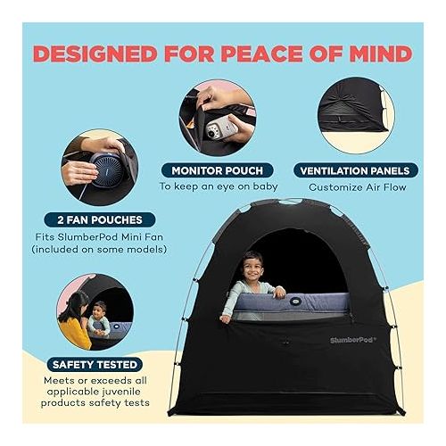  SlumberPod The Original Blackout Sleep Tent Travel Essential for Babies and Toddlers, Mini Crib and Pack N Play Cover, Sleep Pod for Kids with Monitor Pouch and Fan Pouch, Blocks 95%+ Light, Black