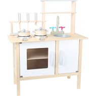 Small foot company Small Foot 10597 Wooden Shelf Space, Two hotplates and Sink as Well as Oven Cabinet, Including Three Kitchen aids, pan and Pot with lid