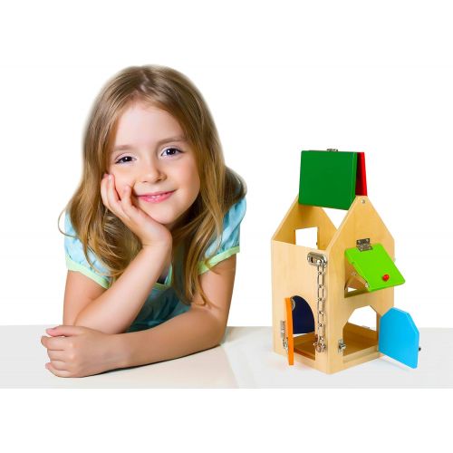  small foot wooden toys Big House of Locks with Locks, Bolts, Levers, Hinges & Safety Chain Playset Designed for Children 3+