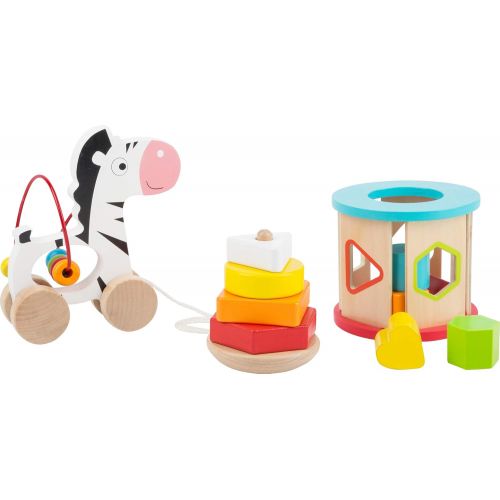  Small Foot Wooden Toys Motor Skills Toy Playset Collection with Pull-Along Zebra, Stacking Tower & Shape Sorting Games Designed for Children 12+ Months