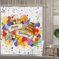 Smallfly smallfly Birthday Satin Fabric Sets Bathroom Cute Cartoon Style Lettering Celebration Surprise Boxes Yummy Cake Children Fun Shower Curtains Sets Bathroom 66x72 Multicolor