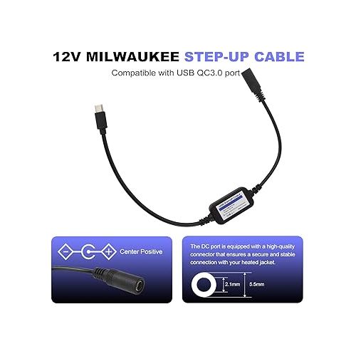  12V Heated Jacket Adapter Charger TypeC Voltage Step-Up Cable for Milwaukee, M12, Dewalt, Makita, Snap-on, Metabo, Craftsman, AEG (Only Support PD Power Bank)