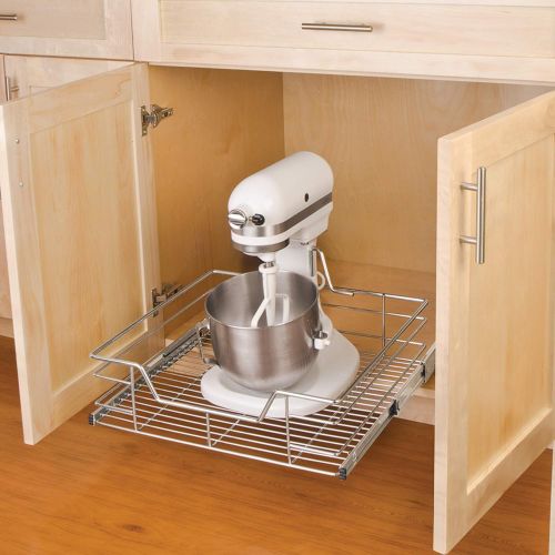  Smart Design 1-Tier Shelf Pull-Out Cabinet Organizer - Extra Large Tall - Roll-Out Extendable Sliding Drawer - Steel Metal - Kitchen (20 Inch x 18-35) [Chrome]