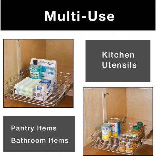  Smart Design 1-Tier Shelf Pull-Out Cabinet Organizer - Extra Large Tall - Roll-Out Extendable Sliding Drawer - Steel Metal - Kitchen (20 Inch x 18-35) [Chrome]