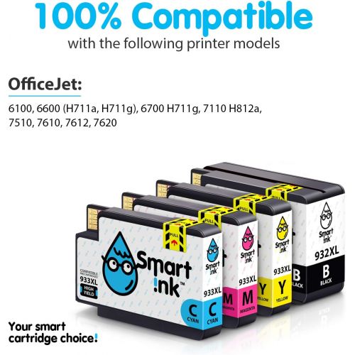  Smart Ink Compatible Ink Cartridge Replacement for HP 932XL 933XL 932 XL 933 XL 4 Combo Pack (XL Black, Cyan, Magenta Yellow) to use with HP Officejet 6100 6600 6700 7110 7510 7610