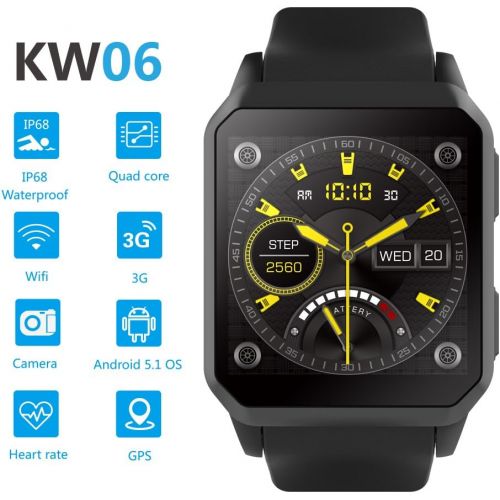  Smart Touch KW06 Smart Watch wBuilt-in Camera (Android 5.1) Bluetooth Fitness Tracker, Heart Rate & Sleep Monitor, Pedometer | IP68 Waterproof, LCD Touchscreen | Men, Women