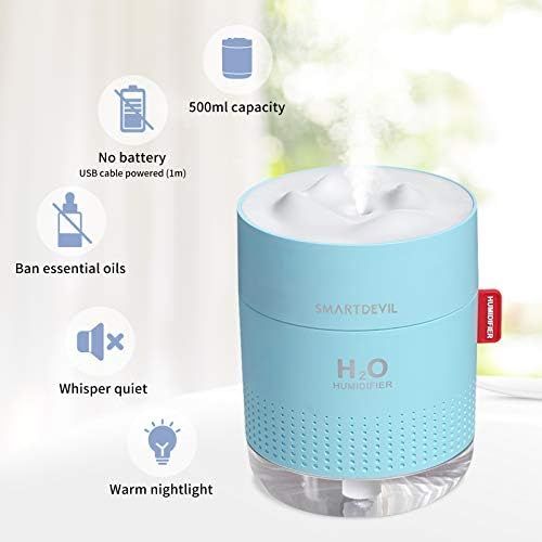  [아마존베스트]SmartDevil, Mini USB Air Humidifier, 500 ml, Ultra Quiet, Up To 12-18 Hours Of Continuous Use, Automatic Shut-off, Portable, Essential Oils Forbidden, 2 Filters