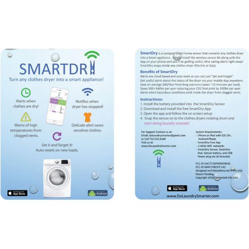  SmartDry Wireless Laundry Sensor and App, iOS and Android Mobile Devices. Compatible with Alexa. Smart Dry Notifications for any Clothes Dryer (Gas or Electric), Smart Home Clothes