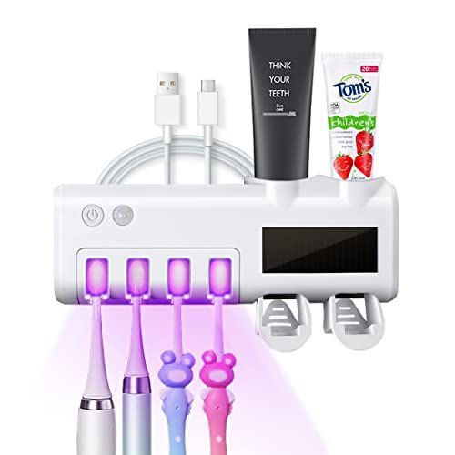  SmartSF Toothbrush Sanitizer, UV Toothbrush Holder Wall Mounted , Bathroom Toothbrush Sanitizer, with 4 Slots and 2 Automatic Toothpaste Dispenser , for Electric / Regular Toothbru