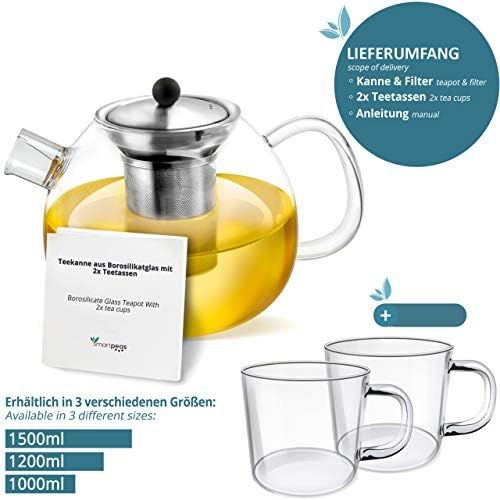  Smartpeas smartpeas Teekanne aus Glas  1000 ml Fassungsvolumen  herausnehmbarer Edelstahlfilter & Ausguss-Filter  hitzebestandiges Borosilikatglas  Plus: Gratis Stoevchen zum Warmhalten