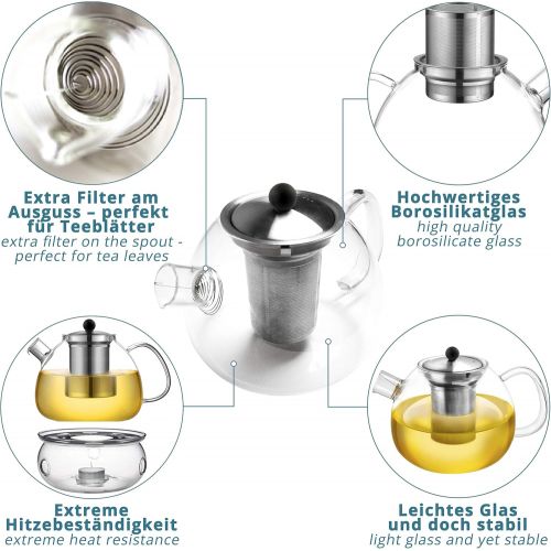  Smartpeas smartpeas Teekanne aus Glas  1000 ml Fassungsvolumen  herausnehmbarer Edelstahlfilter & Ausguss-Filter  hitzebestandiges Borosilikatglas  Plus: Gratis Stoevchen zum Warmhalten