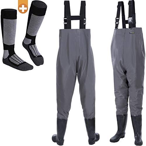  [아마존베스트]Smartpeas Waterproof Breathable PVC Waders with Rubber Boots Size 39-48 - Perfect as Fishing Pants/Waders for Men +Plus: 1 x Thermal Socks...