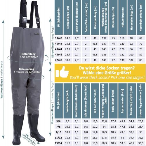  [아마존베스트]Smartpeas Waterproof Breathable PVC Waders with Rubber Boots Size 39-48 - Perfect as Fishing Pants/Waders for Men +Plus: 1 x Thermal Socks...